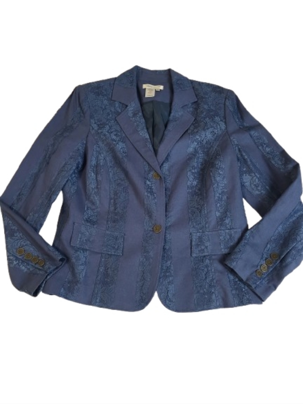 Coldwater Creek Blue Linen Blend Lace Stripe Blazer Jacket Two Button‎ Women’s M